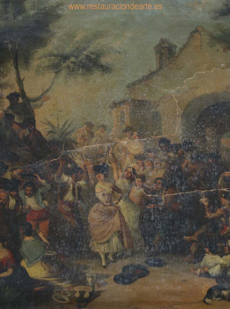 fotografía inicial antes de la restauración, limpieza de barniz oxidado y restauración de rotura de la tela, conservación de cuadros rotos, antes y después de la restauración, colores originales