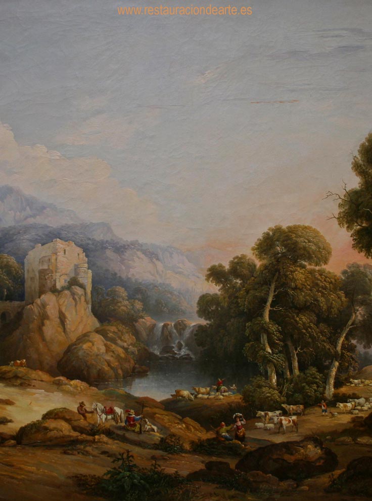 fotografía final después de la restauración, eliminación de repintes y suciedad superficial en la policromía del paisaje, restauración de cuadros, antes y después de la restauración