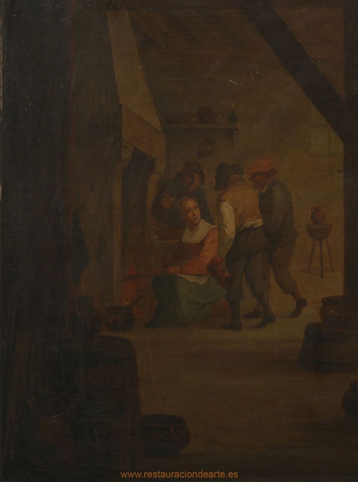fotografía inicial antes de la restauración, limpieza de barniz oxidado y restauración de rotura de la tela, conservación de cuadros rotos, antes y después de la restauración, colores originales