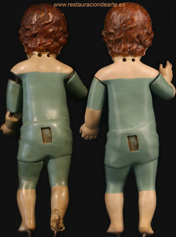 inicial y final de la restauración, reverso, marca de fabrica, restauración de escultura, escultura Olot, España