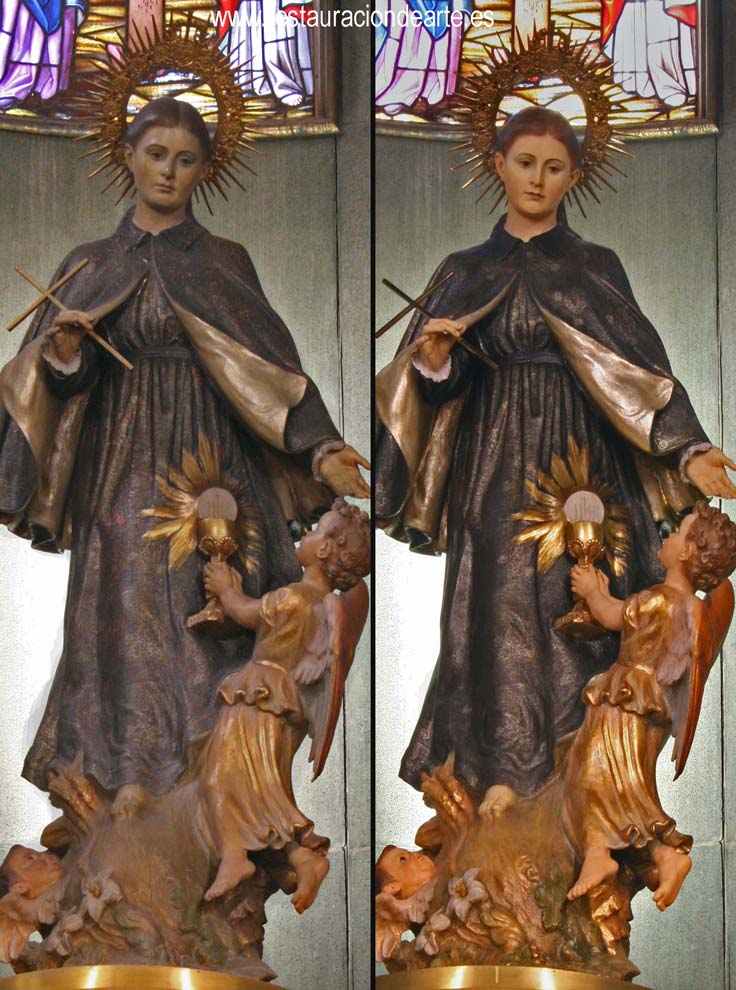 fotografia final antes y después de la restauración de la escultura, Santuario de Santa Gema Madrid, Santa Gema Galgani, talla de madera, policromia, dorado, altar de Santa Gema