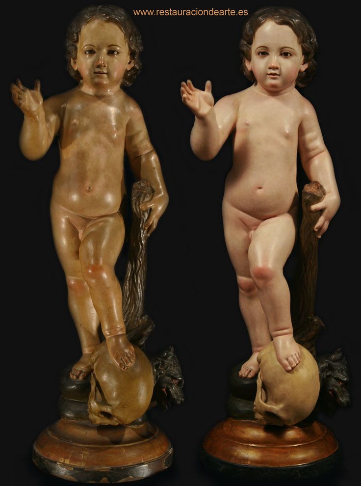 antes y después de la restauración, restauración de escultura, escultura de niño jesús con calavera y dragón en talla de bulto redondo, religioso, devoción en España