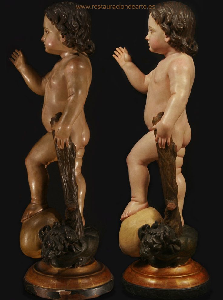 antes y después de la restauración del reverso, talla de Niño Jesus con calavera y dragón en la peana, restauración de escultura en el taller de escultura en Madrid