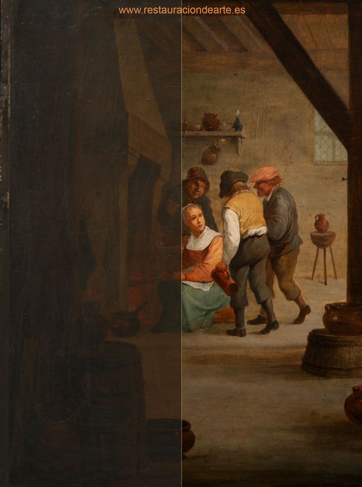 restauración de pintura sobre cobre, foto montage de antes y después de la restauración de la pintura sobre cobre, estudio de restauración en Madrid