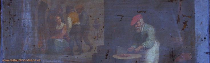 fotografia inicial antes de la restauración de la pintura sobre cobre con lu ultravioleta