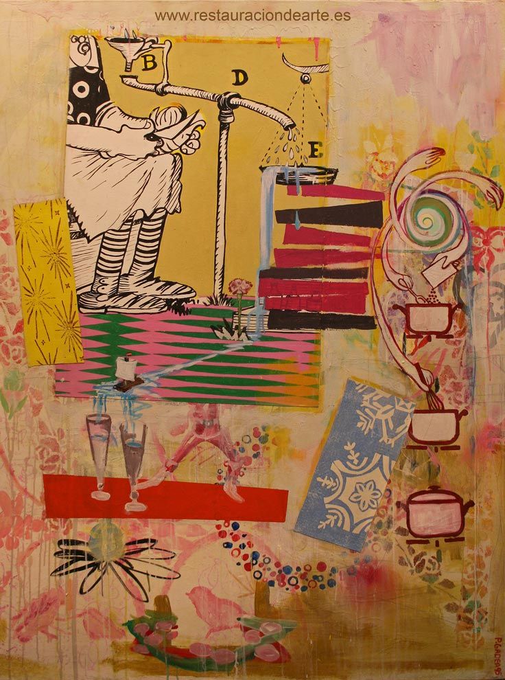 restauración de pintura acrílico y collage sobre lienzo de la pintora Paricia Gadea