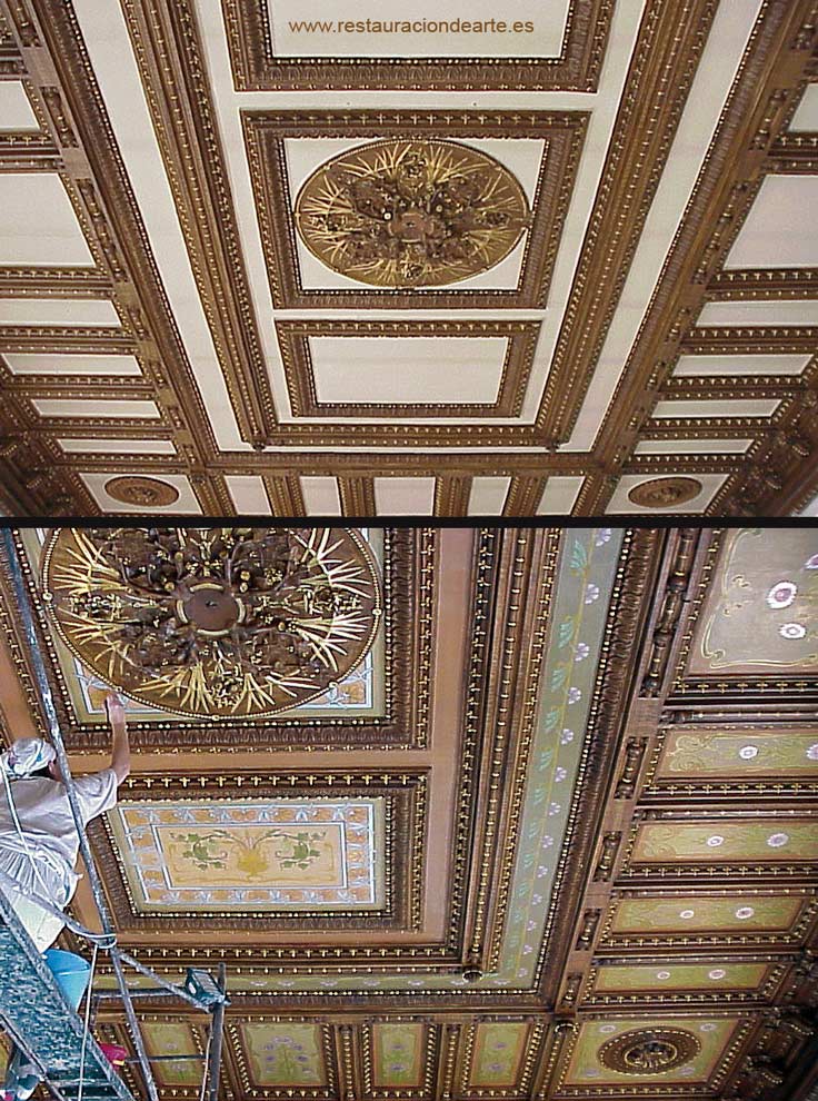 Antes y después de la restauración de la pintura mural, restauradora de pintura mural