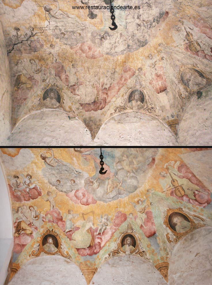 detalle antes y después de la restauración de la pintura mural