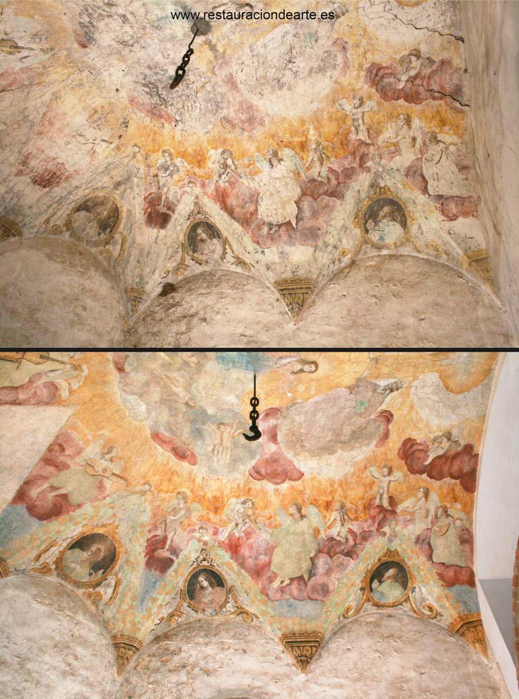detalle antes y después de la restauración de la pintura mural