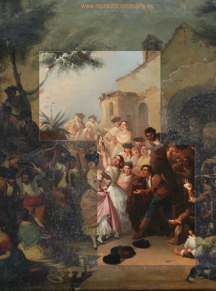 restauración de pintura foto montaje de antes y despés del cuadro restaurado, cuadro de Rodríguez de Guzmán pintor del periodo romántico