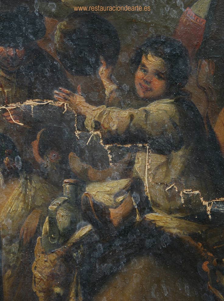 Fotografía antes de la restauración con deterioros, cuadro rasgado, Rodrigues de Guzmán cuadro antes del proceso de restauración en museo de bellas artes de Madrid