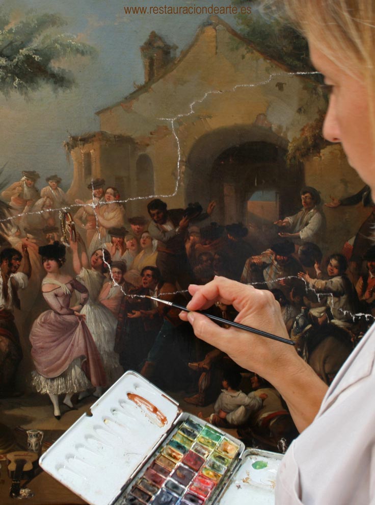 reintegración de faltas de pintura, cuadro rasgado, restauradora durante el proceso de reintegración en Madrid, cuadro con escena popular andaluza, escenas típicas de las provincias españolas