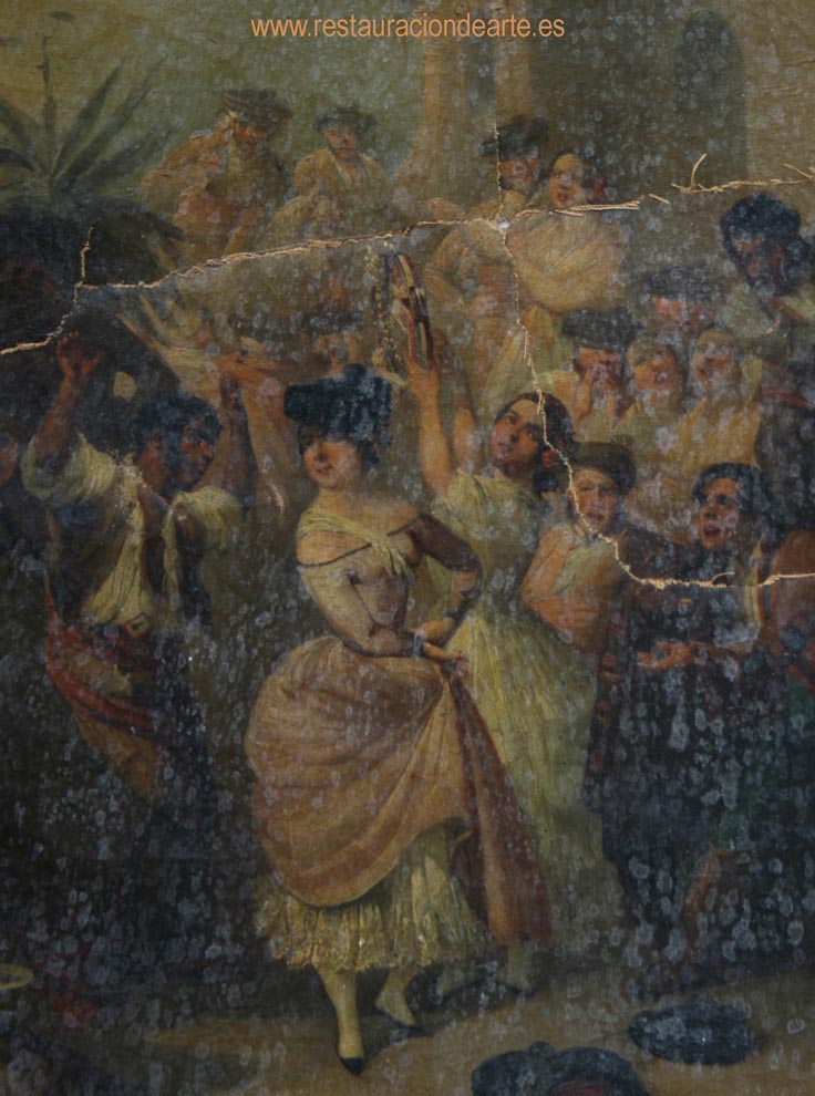 Fotografía antes de la restauración con deterioros, cuadro rajado, Rodrígues de Guzmán cuadro antes del proceso de restauración en museo de bellas artes de Madrid