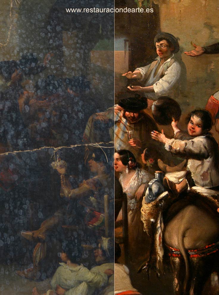 detalle del deterioro lienzo, cuadro roto antes de la restauración del lienzo, pintura de Rodríguez de Guzmán, temas costumbristas, fotografia inicial antes de la restauración