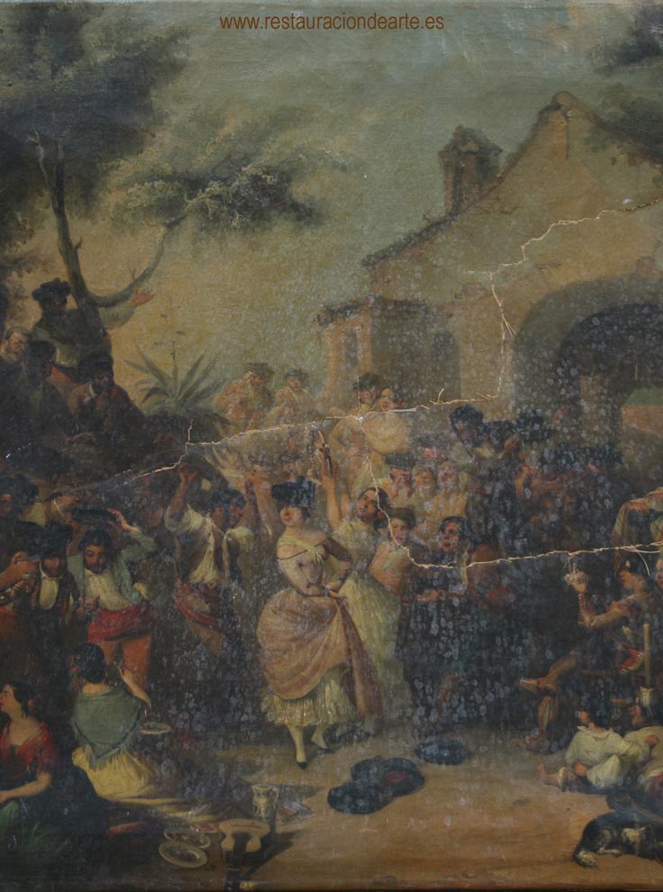 detalle del deterioro, cuadro roto, antes de la restauración de la pintura, pintura de Rodríguez de Guzmán, temas costumbristas de la pintura española