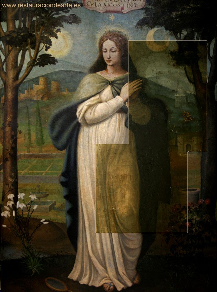 restauración de pintura sobre tabal, foto montage de antes y después de la tabla restaurada