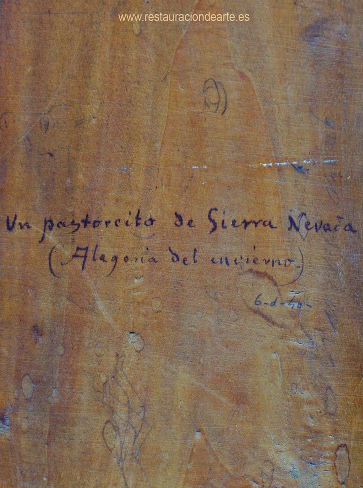 detalle del titulo de la obra en el reverso de la tabla