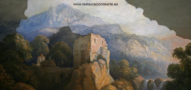detalle durante la limpieza de suciedad y barniz oxidado en cuadro del siglo XIX