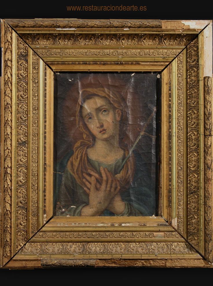 restauración de marco dorado y cuadro en Madrid, cuadro de dolorosa, foto antes de la restauración, siglo XIX