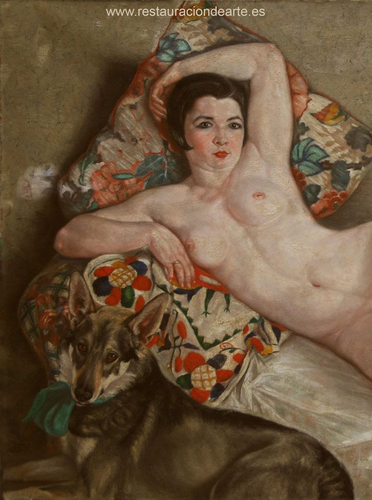 detalle final, retrato con perro, después de la restauración de pintura, del pintor Enrique Marín Higuero
