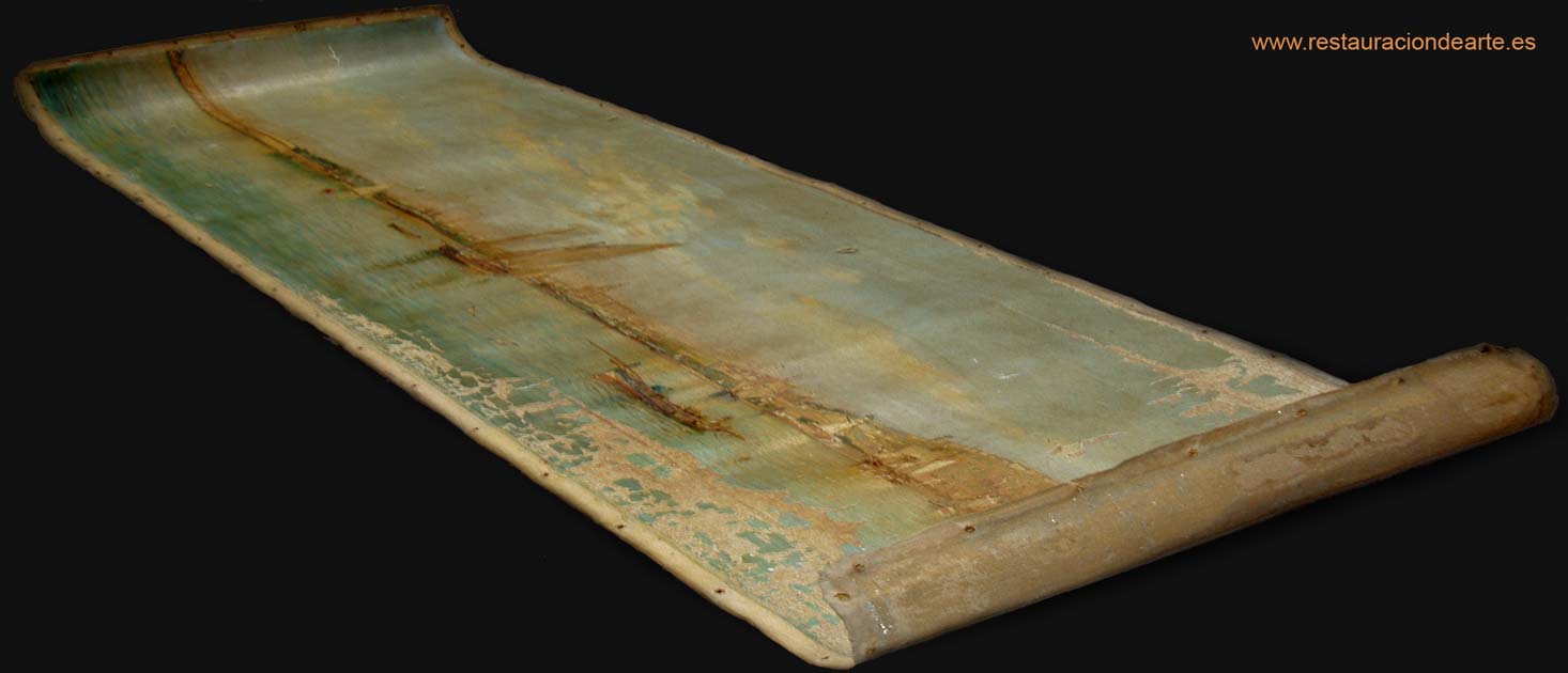 Fotografía inicial antes de la restauración, lienzo sin bastidor, restauración d cuadros en Madrid