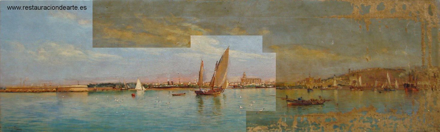 Fotografía inicial y final de la restauración de pintura en el estudio de restauración en Madrid, conservation and restoration of painting