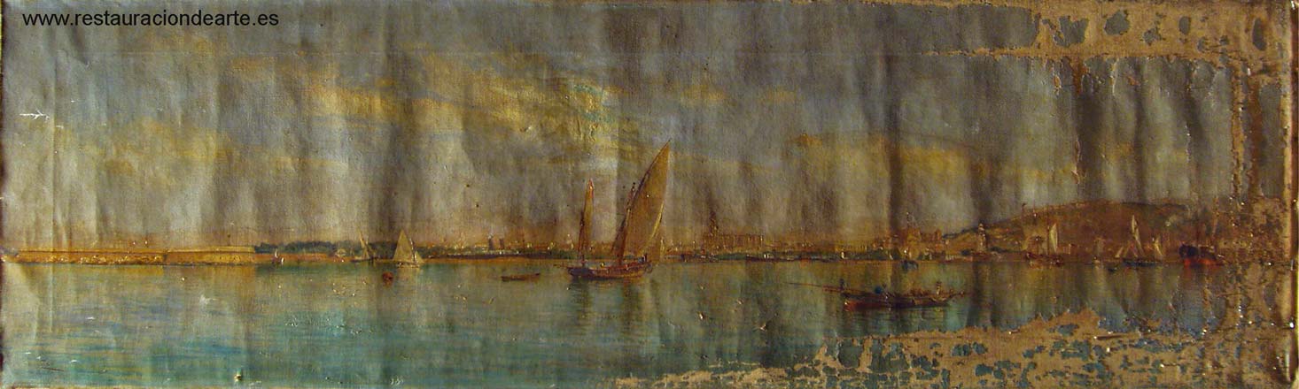 Fotografía inicial rasante antes de la restauración de pintura al óleo, realizada en el estudio de restauración de pintura antigua en Madrid. El cuadro llegó al estudio de restauración en Madrid, sin bastidor con la tela y la pintura en rollada