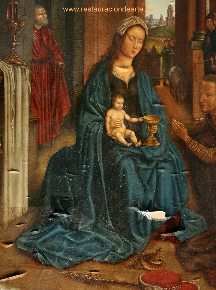 restauración de pintura sobre tabla, deterioros de la capa pictórica con faltas de policromía