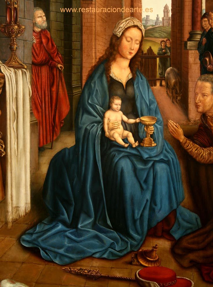 Fotografía después de la restauración de la capa pictórica en el taller de restauración de pintura sobre tabla en Madrid