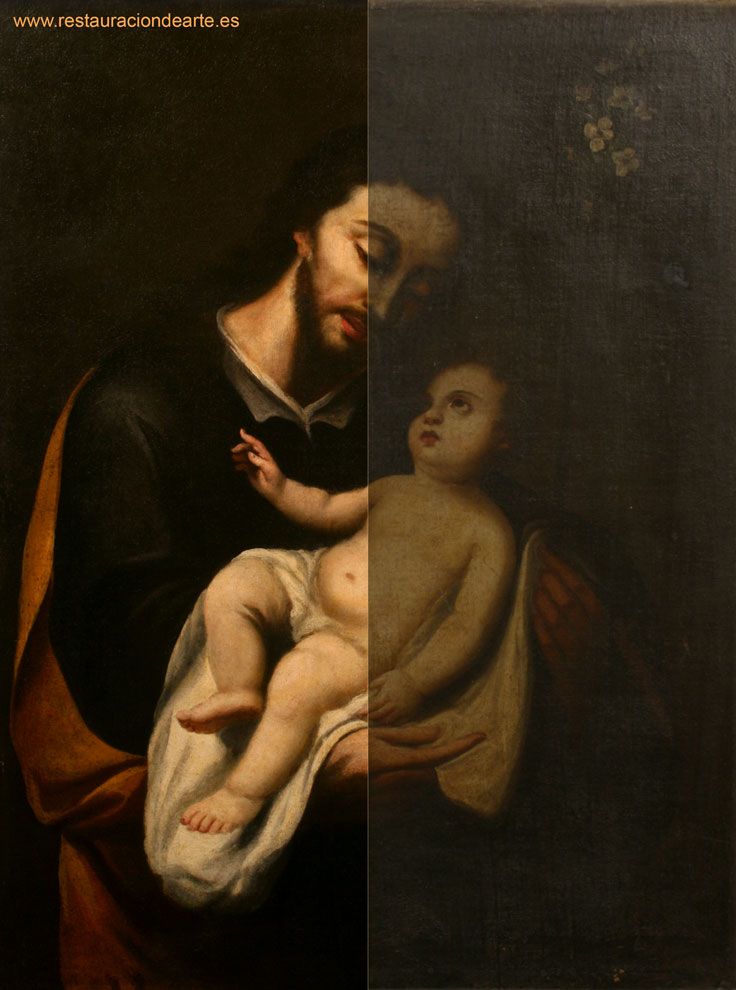 Limpieza de barniz oxidado y suciedad en pintura sobre lienzo, fotografía inicial antes y después de la restauración del cuadro
