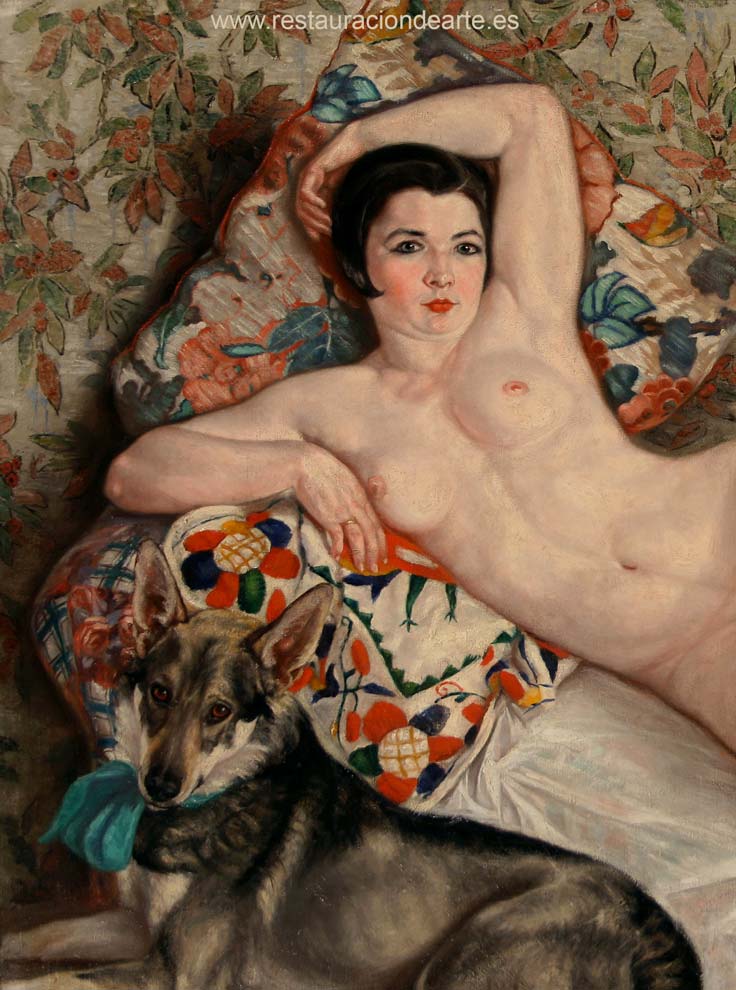 fotografía final después de la restauración de retrato femenino, eliminación de repinte del fondo, antes y después de la restauración de repintes