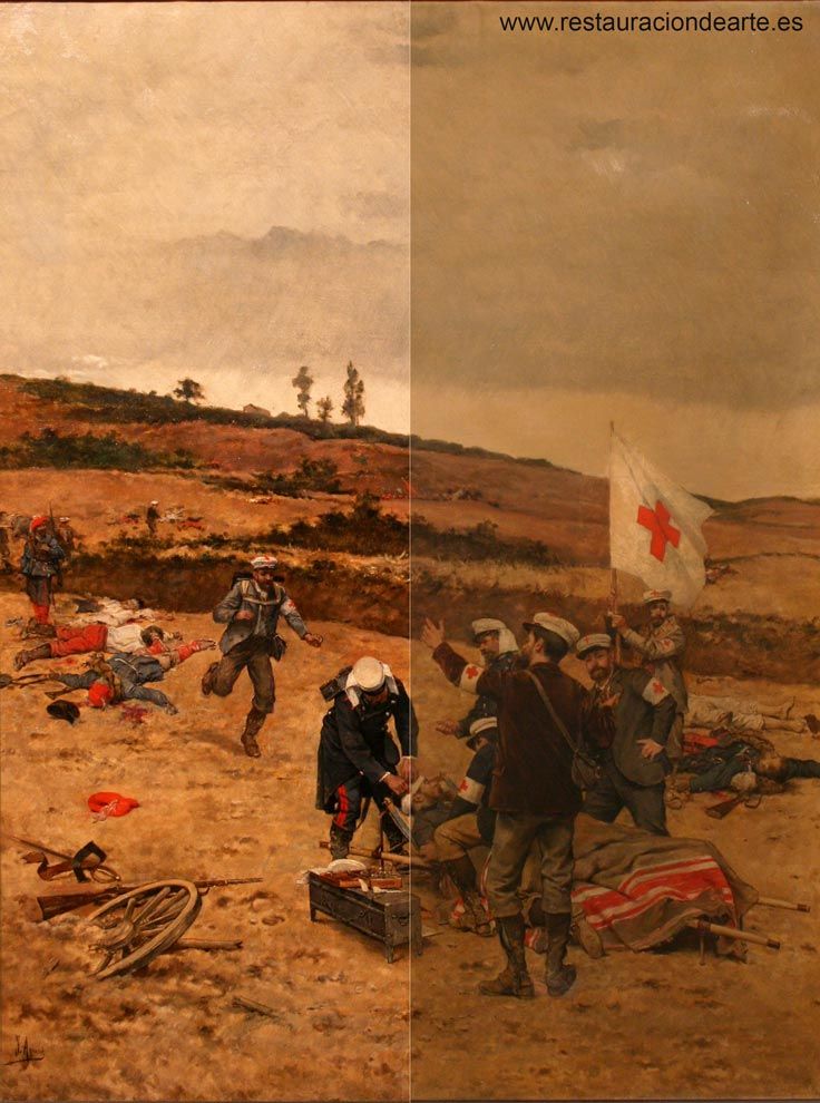 Antes y después de la restauración del cuadro, proceso realizado por la restauradora de pintura en el taller de restauración en Madrid